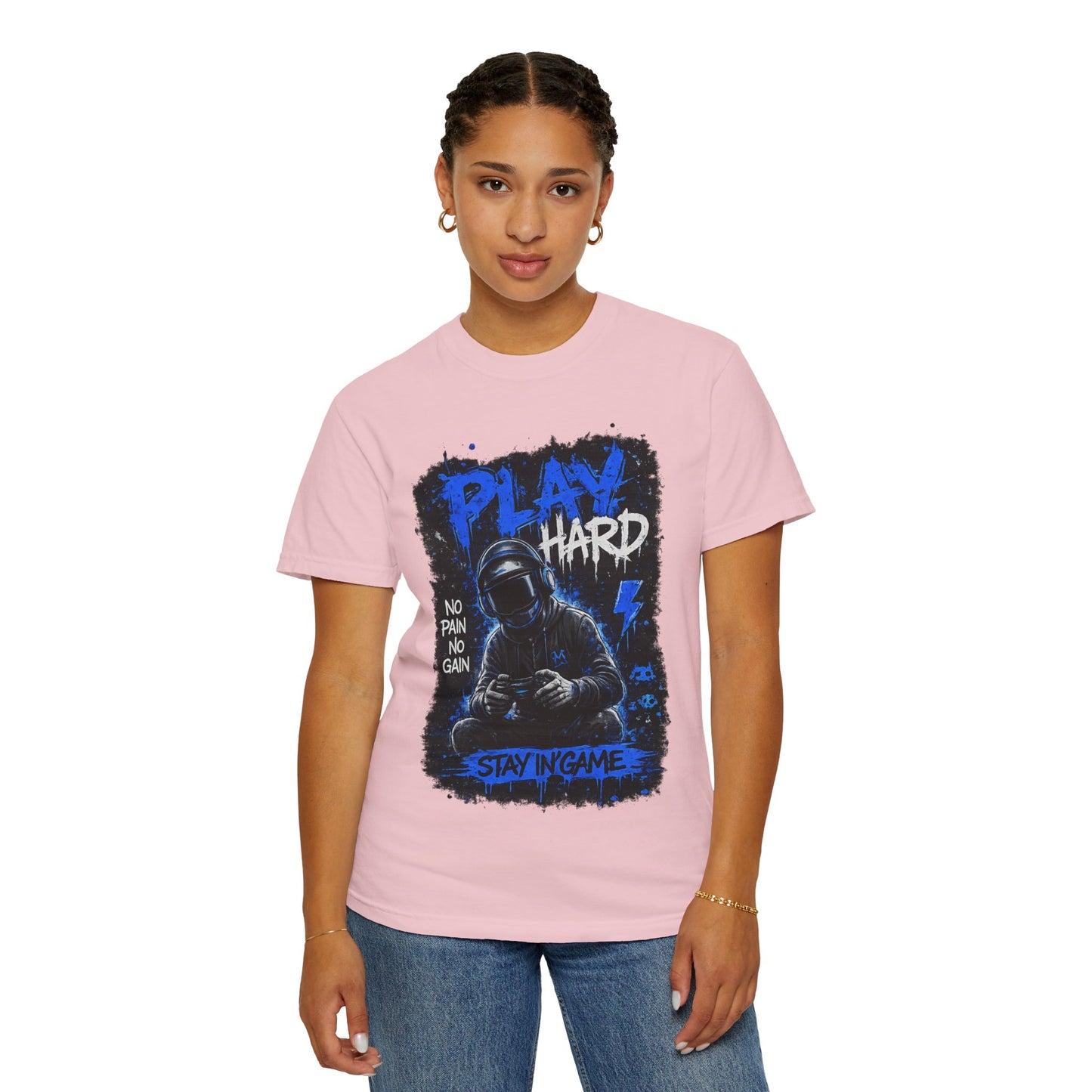 Play Hard Gamer Graphic T-Shirt — "No Pain No Gain" Hooded Player Design