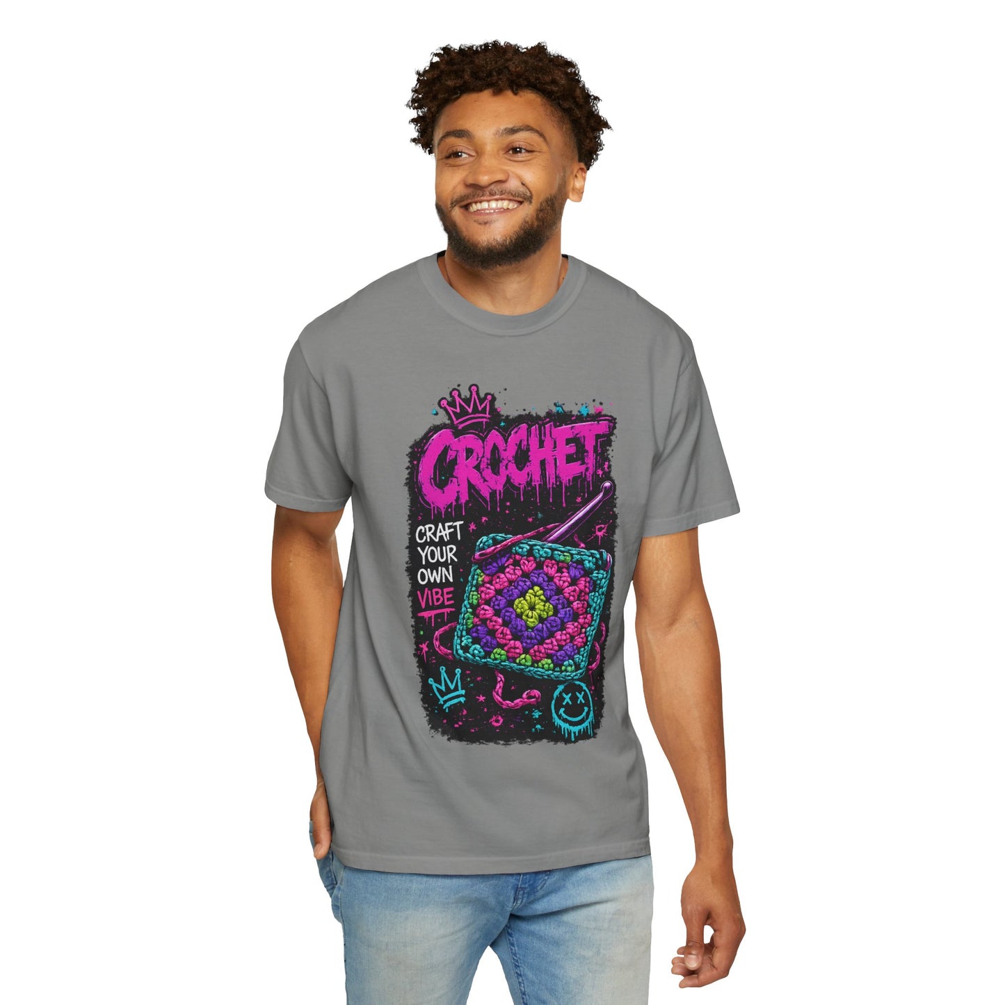 Crochet Vibes Graphic T-Shirt — "Craft Your Own Vibe" Retro Neon Crochet Design