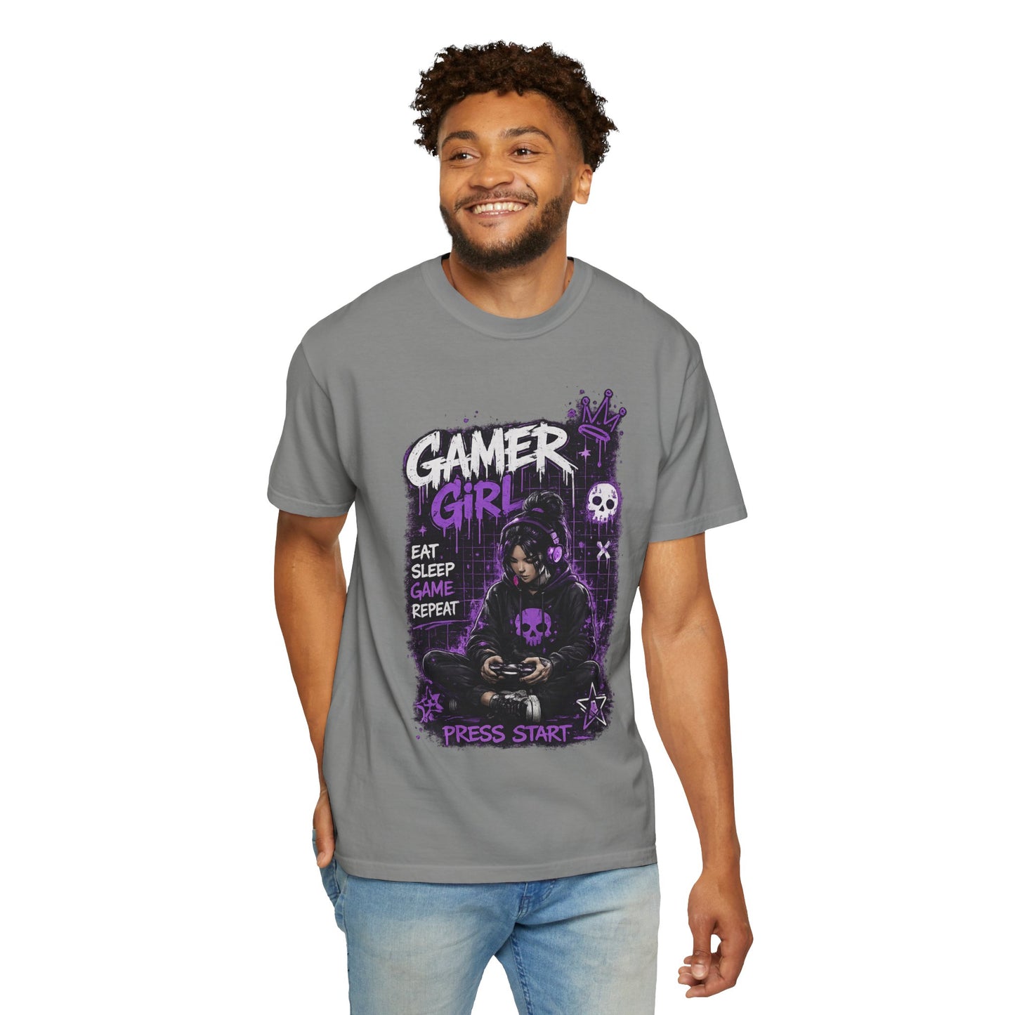 Gamer Girl T-Shirt — Retro Purple Gaming Graphic Tee ("Eat Sleep Game Repeat")