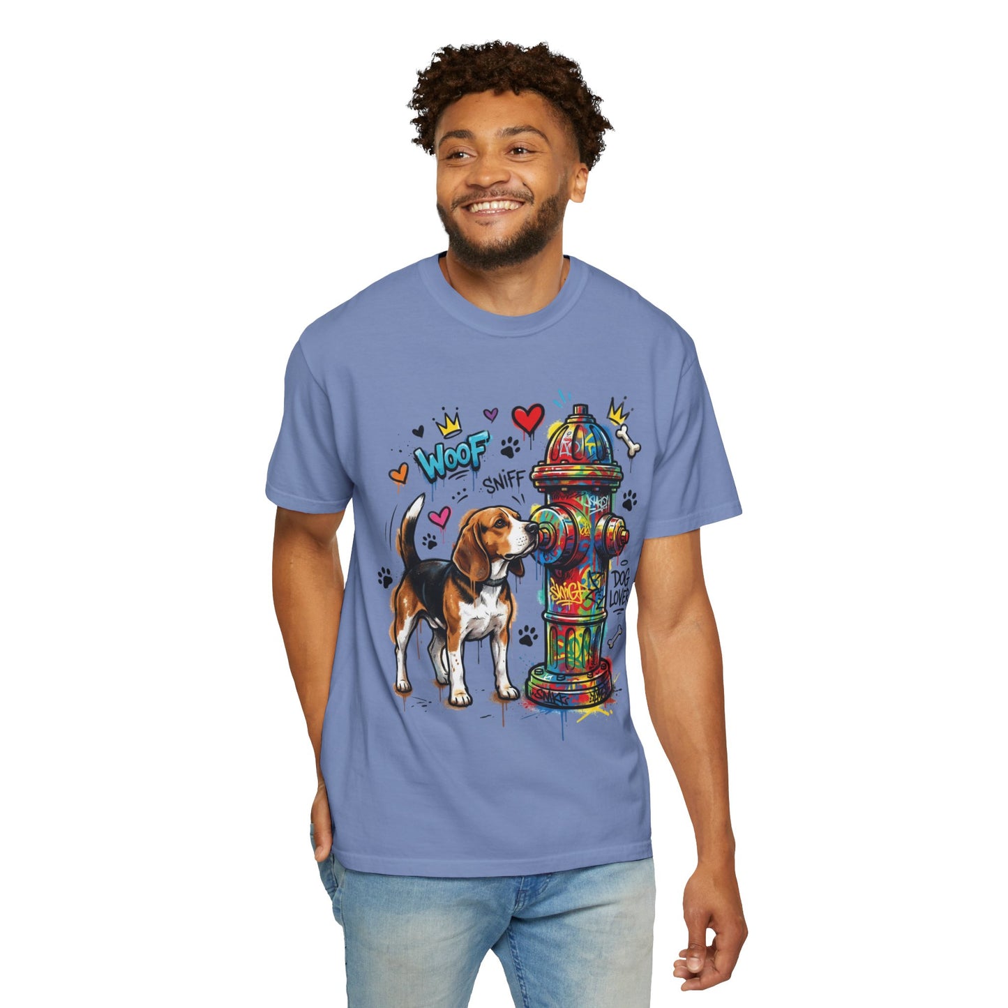 Beagle Dog Lover T-Shirt — Colorful Hydrant & 'Woof Sniff' Graphic