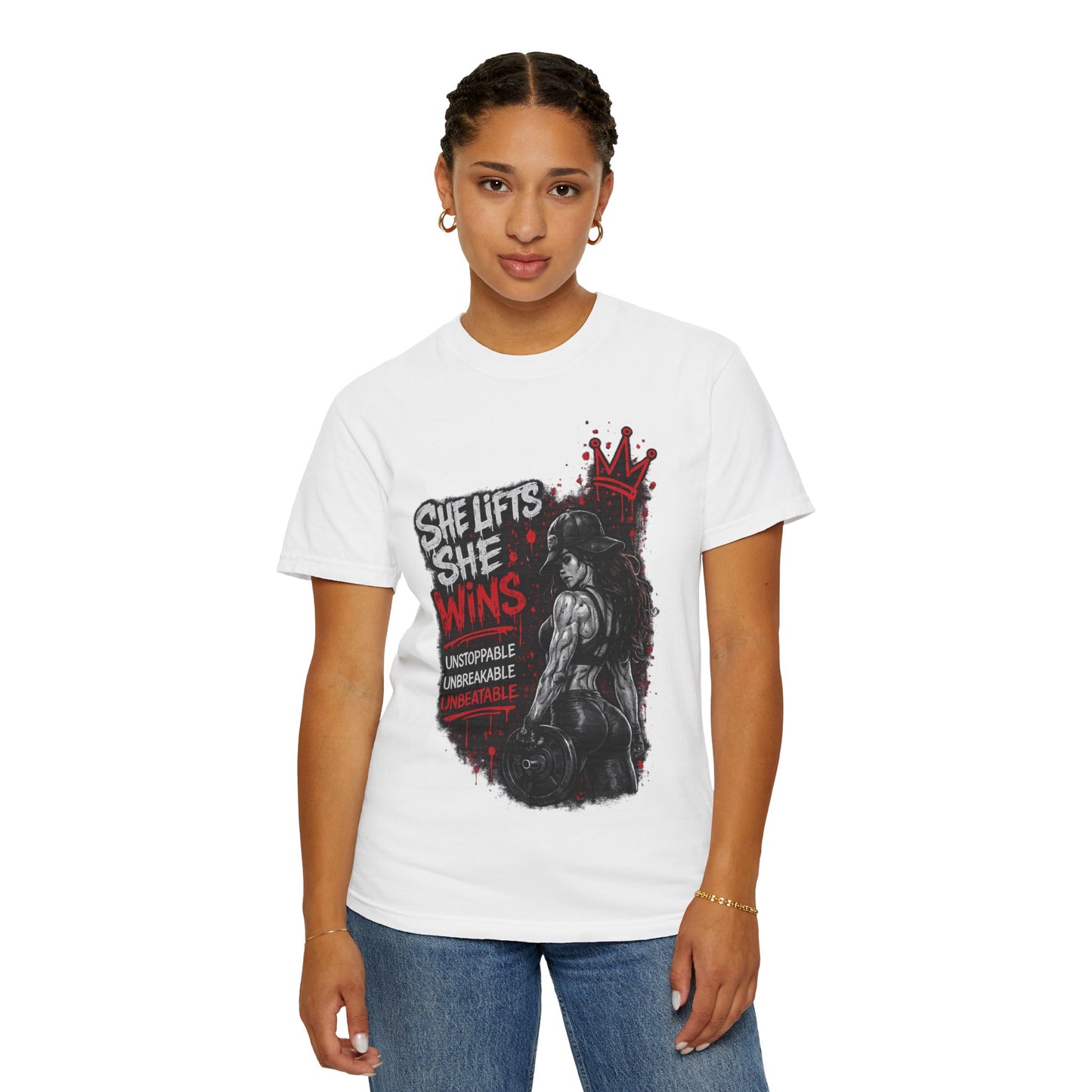She Lifts She Wins T-Shirt — Women’s Strength Fitness Graphic Tee