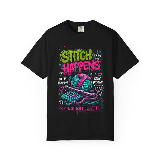 Stitch Happens T-Shirt — Funny Knitting & Crochet Graphic Tee