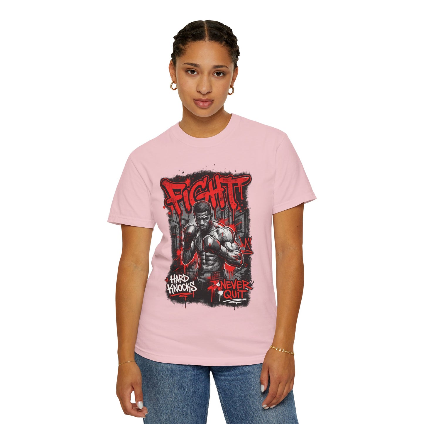 Fight Graphic T-Shirt — "Hard Knocks, Never Quit" Motivational Boxing Tee