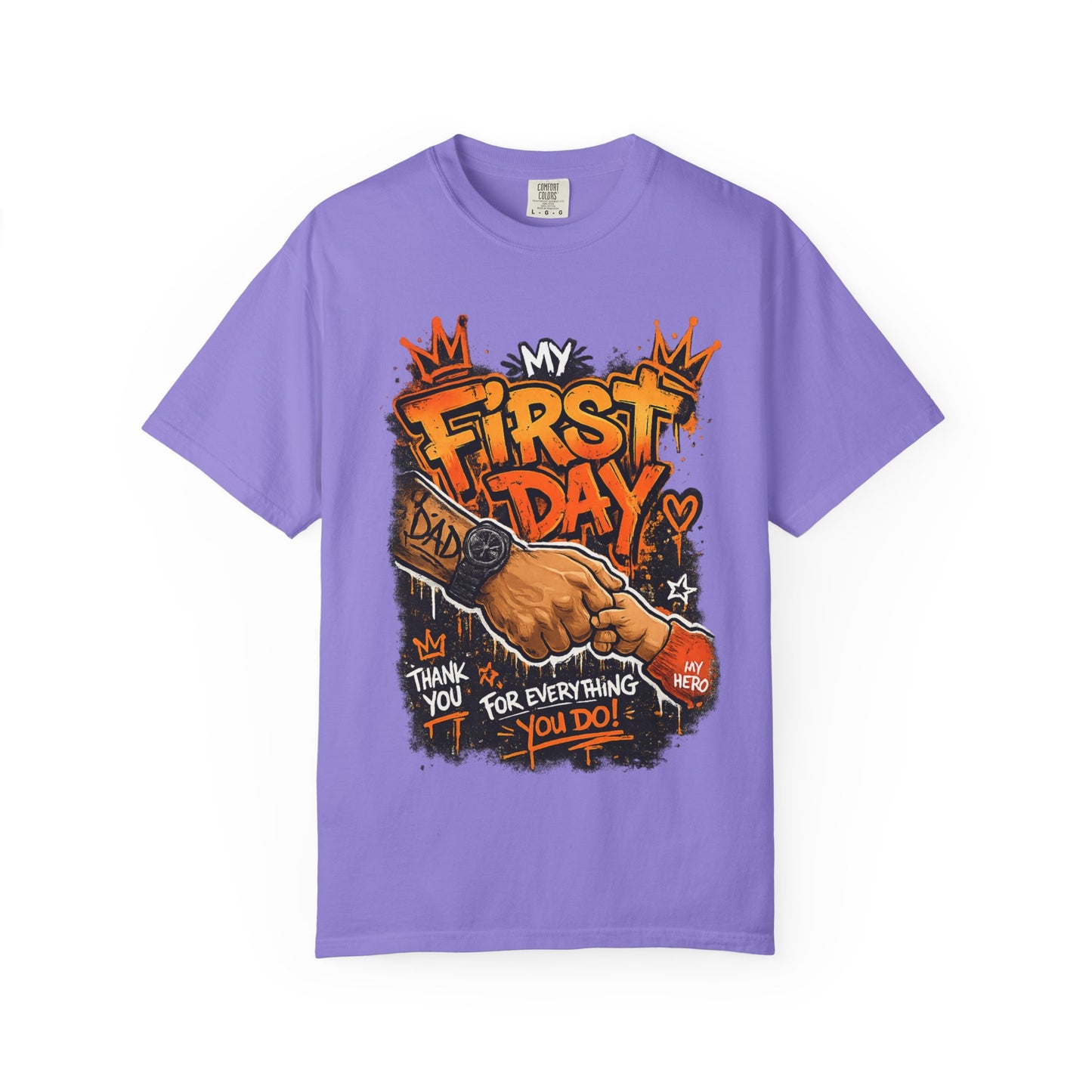 My First Day graphic T-shirt | Thank You Dad, hand shake illustration