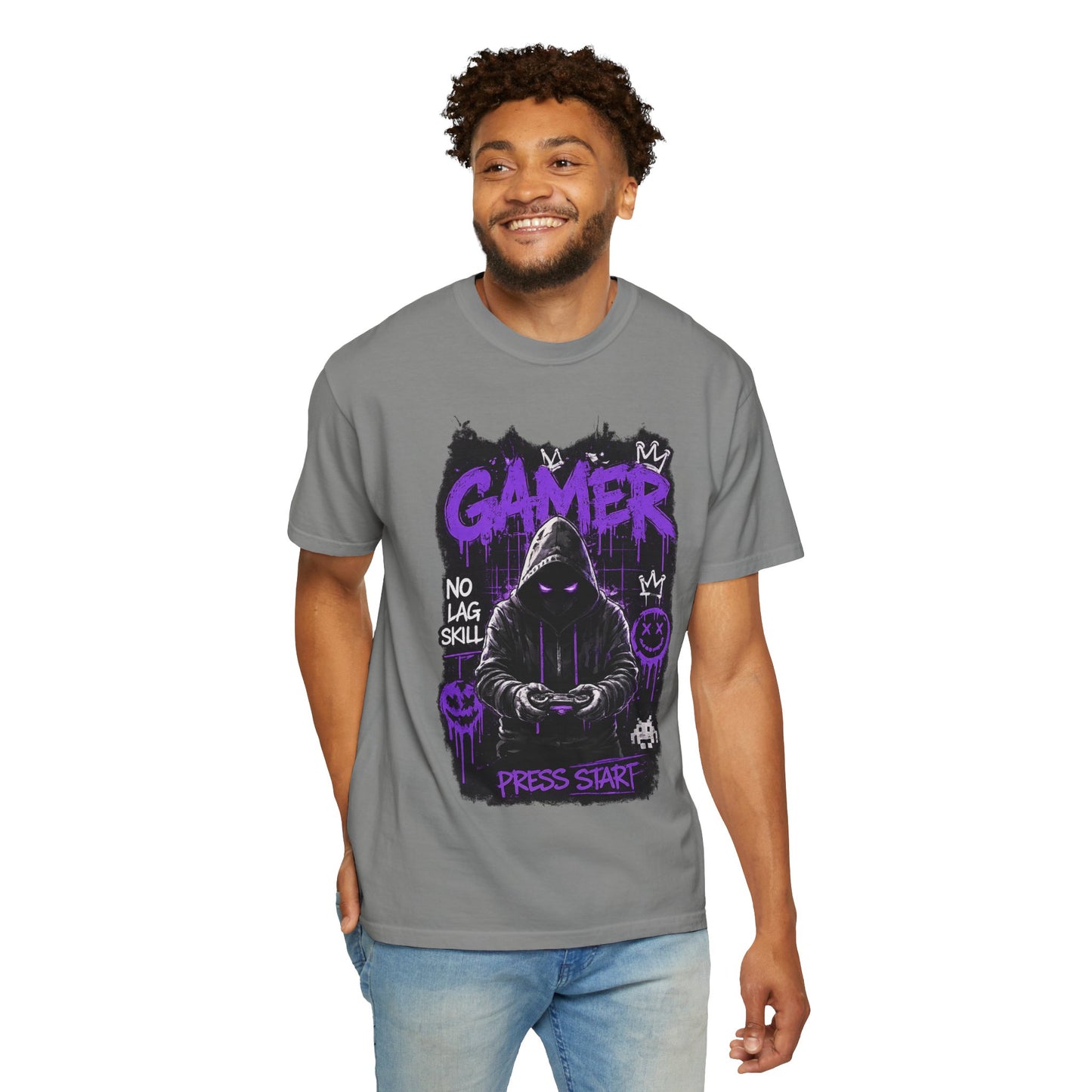 Gamer Hoodie Skull T‑Shirt — 'GAMER' Purple Graphic Press Start Tee
