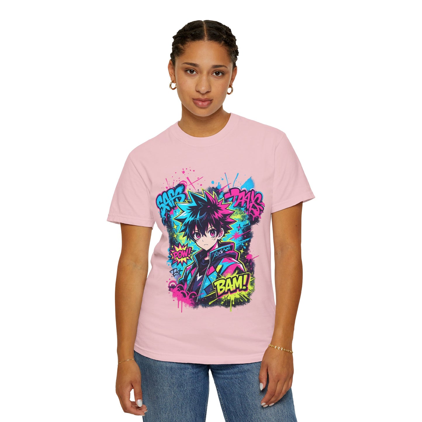 Anime Comic Boy Graphic T-Shirt — Neon Manga "BAM!" Design