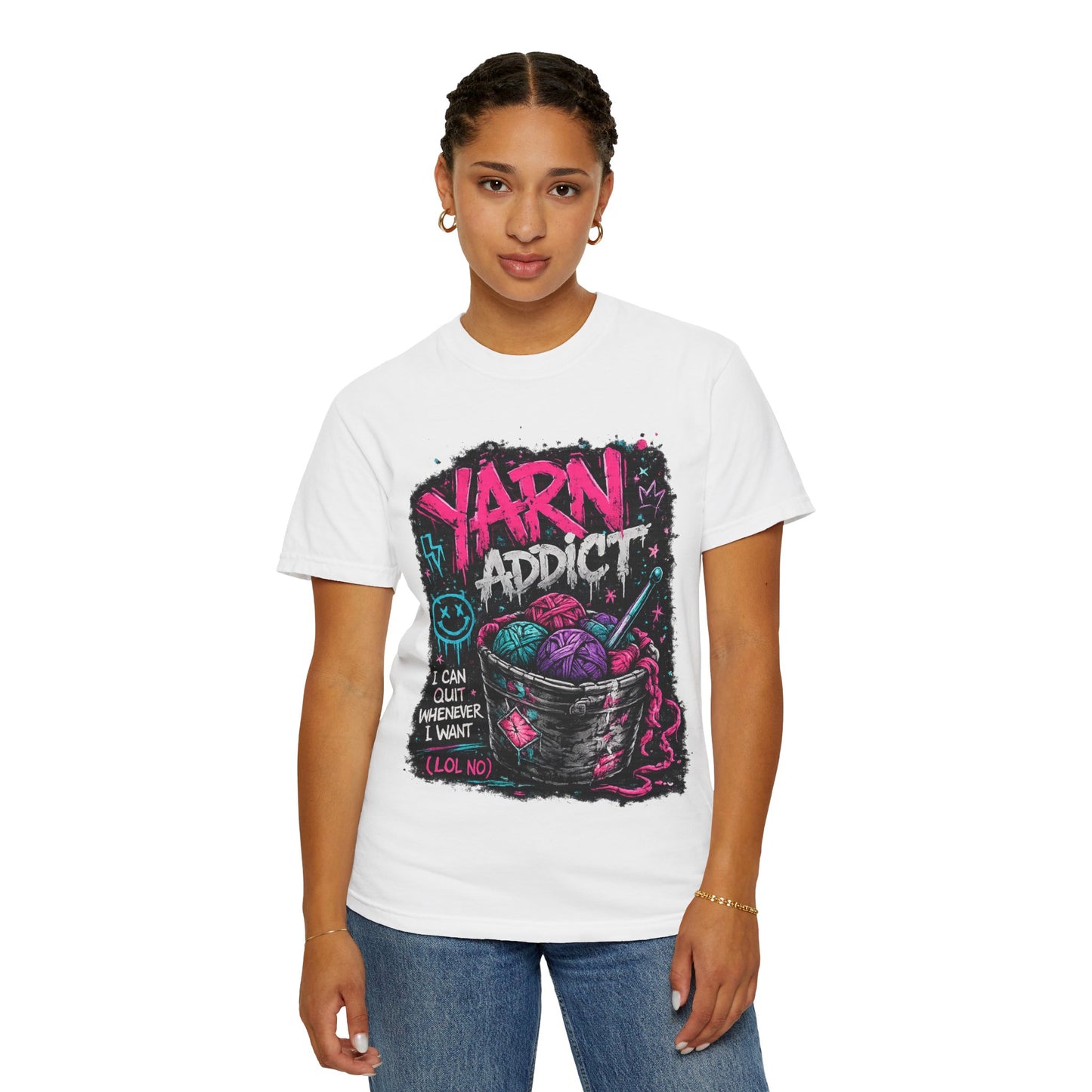 Yarn Addict T-Shirt — Funny Knitting/Crochet Graphic Tee ("I Can Quit Whenever I Want")