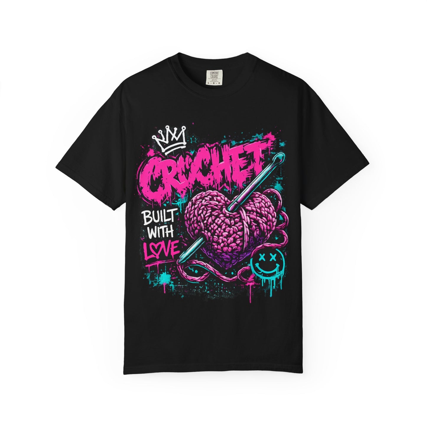 Crochet Built With Love T-Shirt — Retro Graffiti Heart Crochet Tee