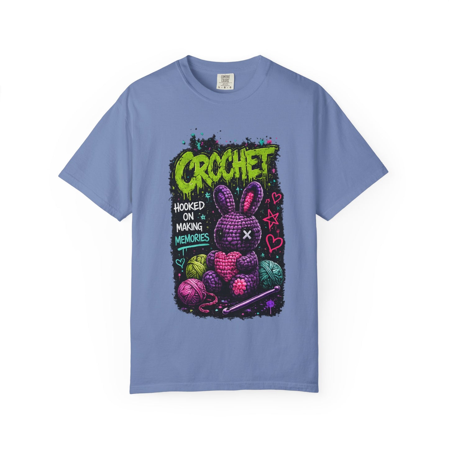 Crochet Bunny Graphic T-Shirt — “Hooked on Making Memories”
