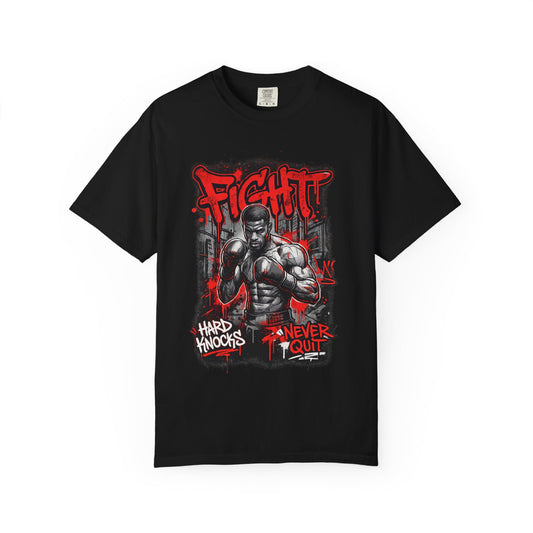 Fight Graphic T-Shirt — "Hard Knocks, Never Quit" Motivational Boxing Tee