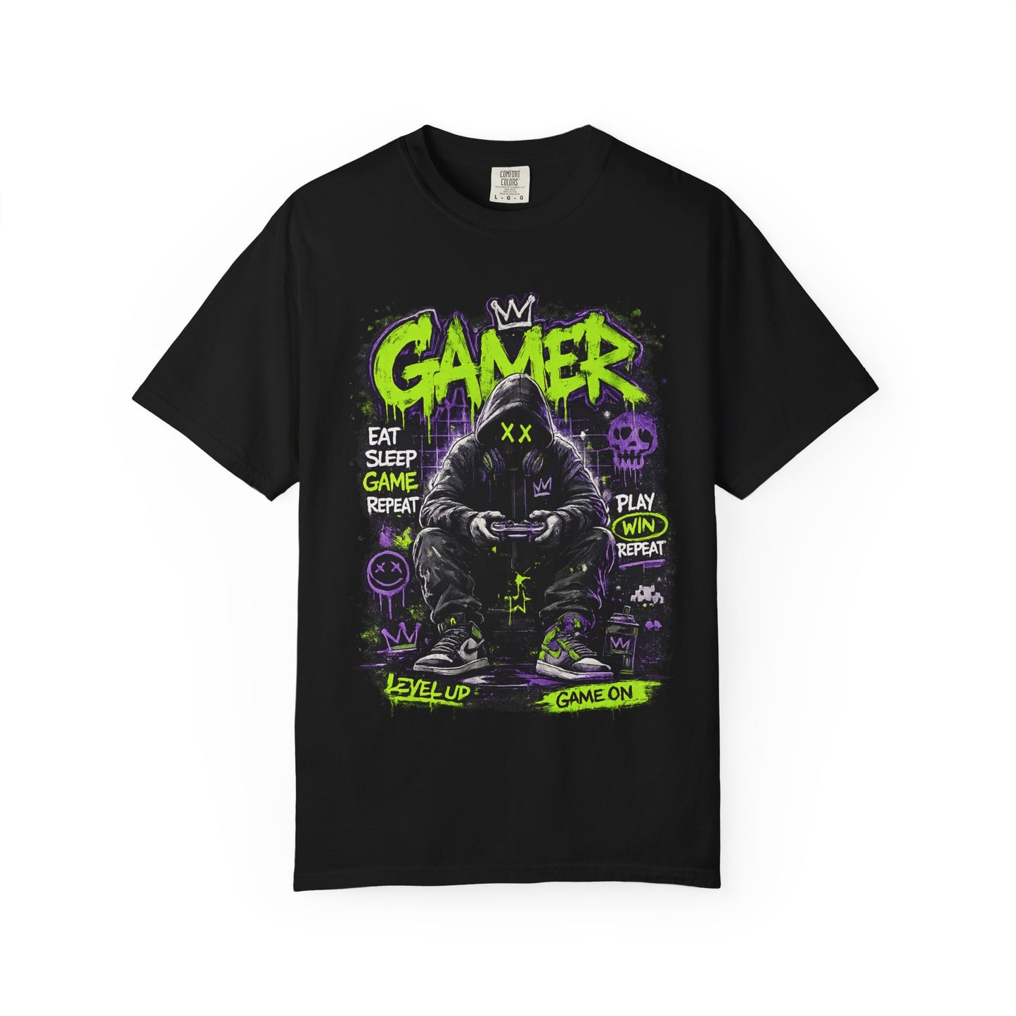 Gamer Hooded Figure Graphic T-Shirt | Neon Green Purple Streetwear