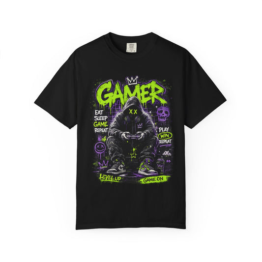 Gamer Hooded Figure Graphic T-Shirt | Neon Green Purple Streetwear