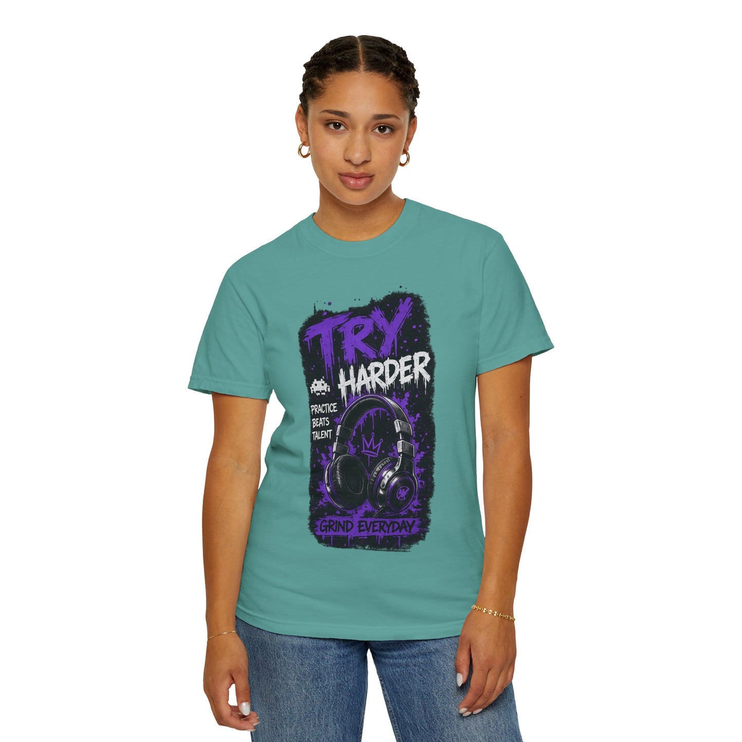 Try Harder Graphic T-Shirt — 'Try Harder' Headphones Motivational Tee
