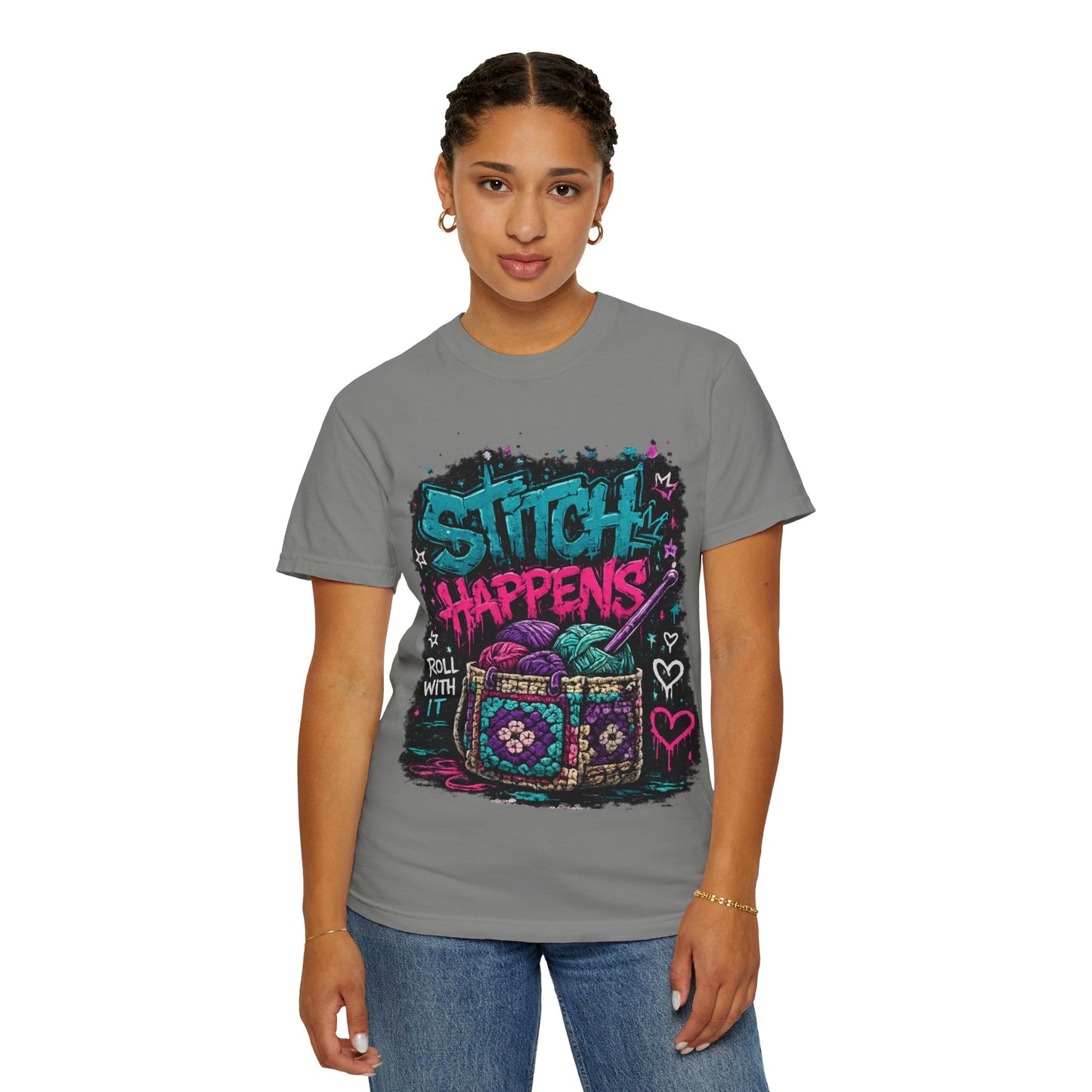 Stitch Happens T‑Shirt — Funny Knitting Crochet Tee (Roll With It)