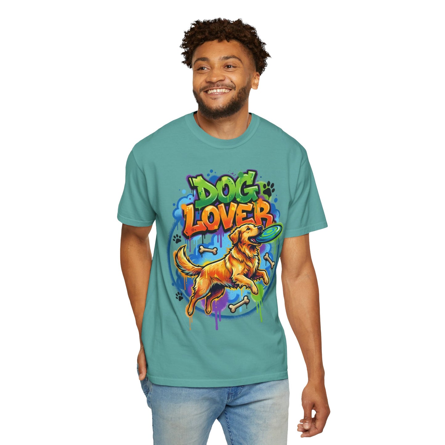 Dog Lover T-Shirt — Colorful Golden Retriever Frisbee Graphic Tee
