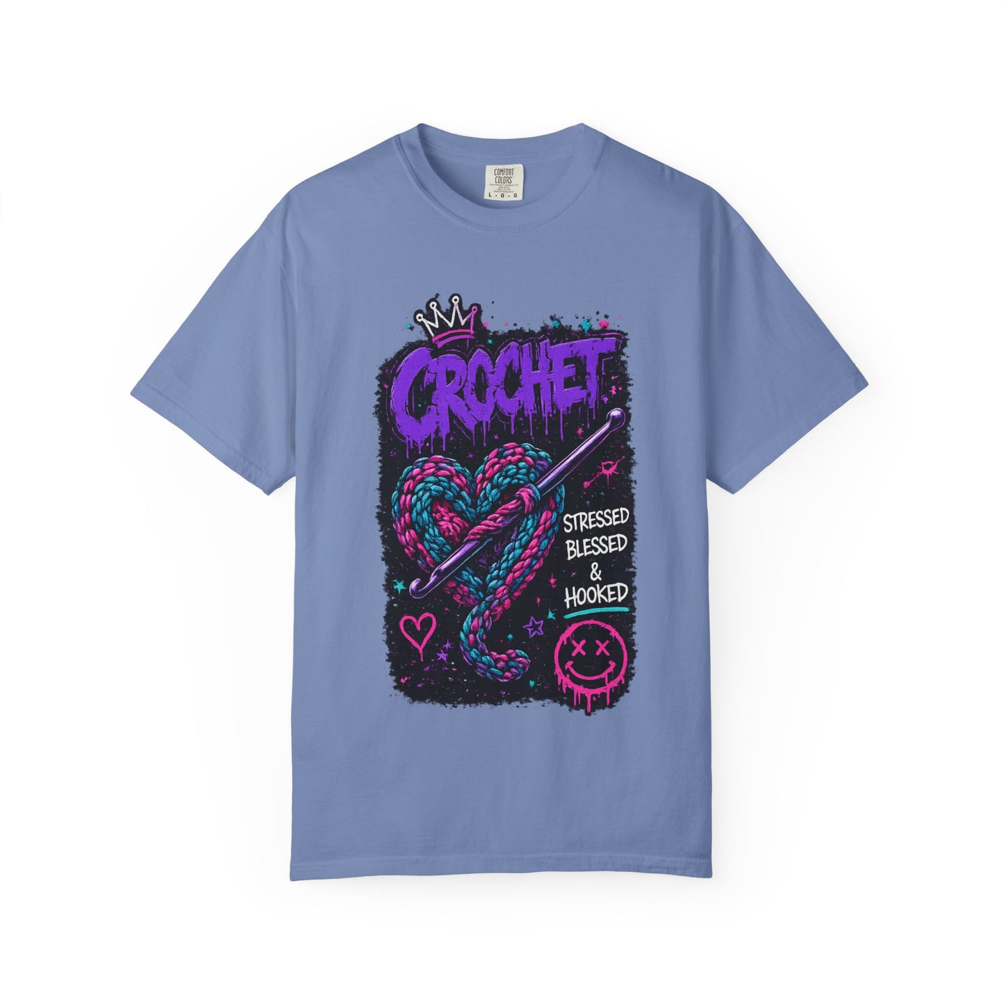 Crochet Graphic T-Shirt — "Stressed Blessed & Hooked" Retro Heart Design