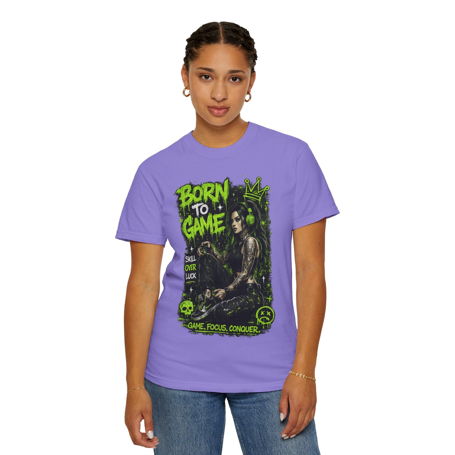 Born to Game Graphic T-Shirt — Gamer Skull & Neon Green Design
