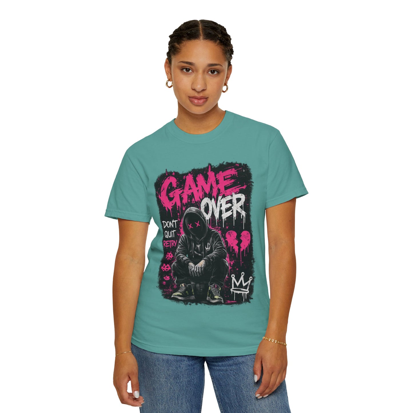 Game Over Graphic T-Shirt — Urban Streetwear Tee with Hooded Figure & 'Don't Quit, Retry' Design