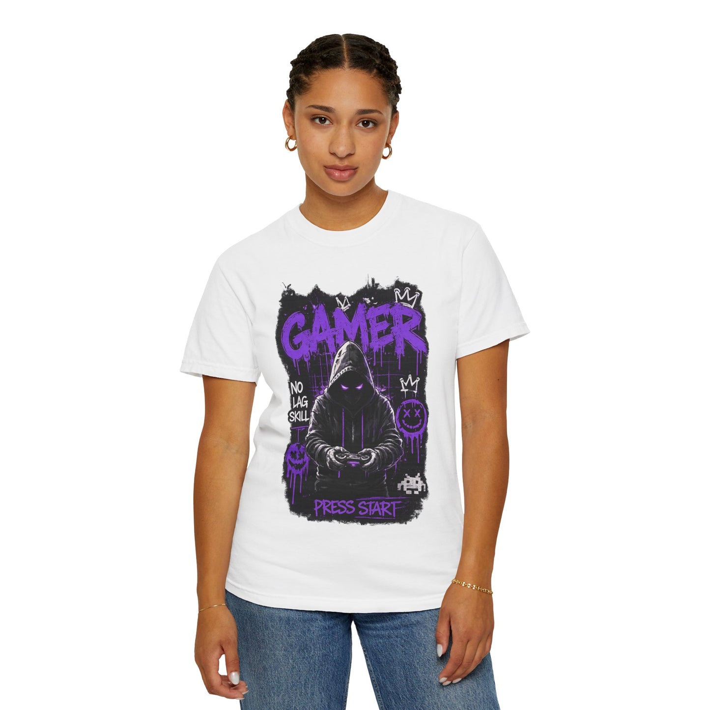 Gamer Hoodie Skull T‑Shirt — 'GAMER' Purple Graphic Press Start Tee