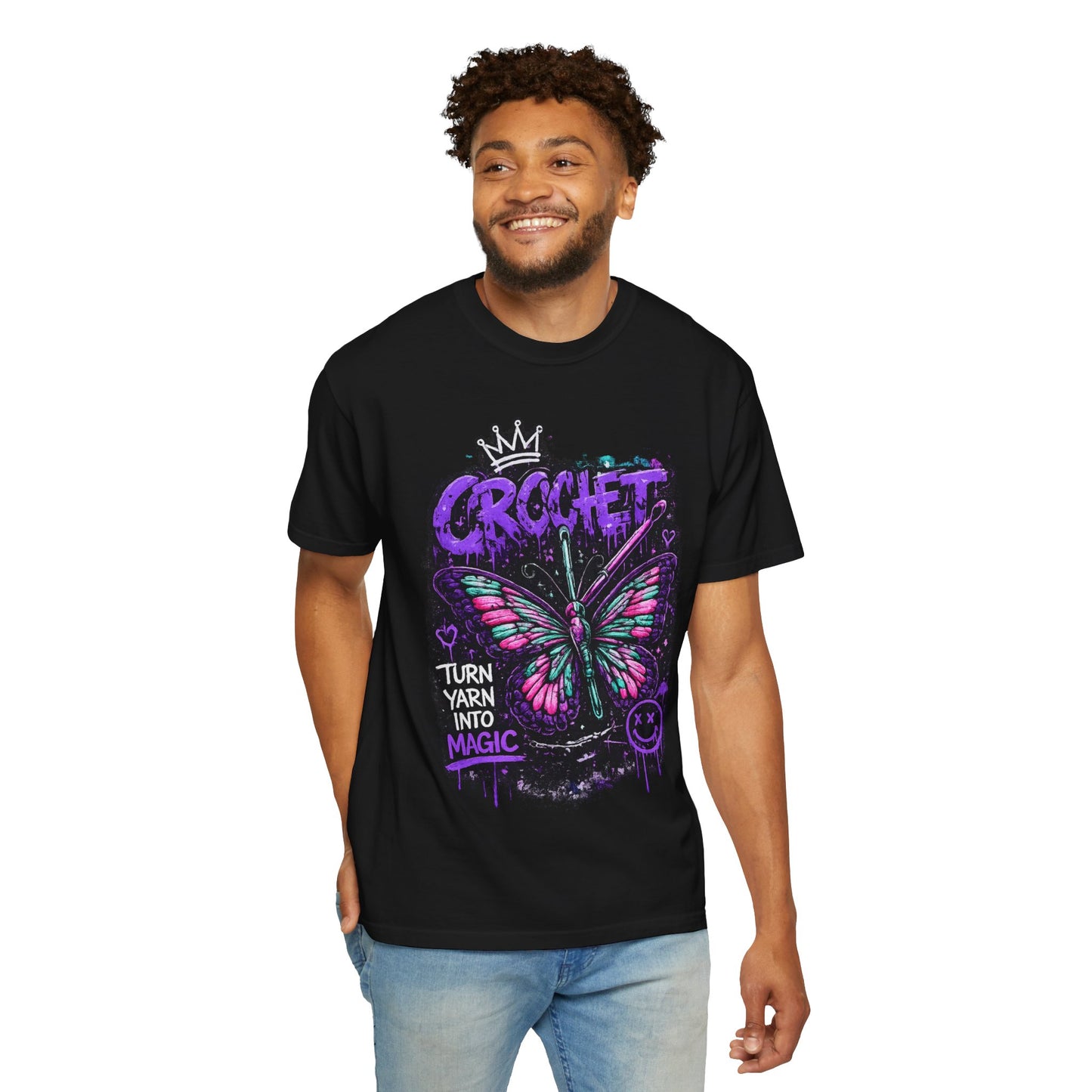 Crochet Butterfly T-Shirt — "Turn Yarn Into Magic" Graphic Tee