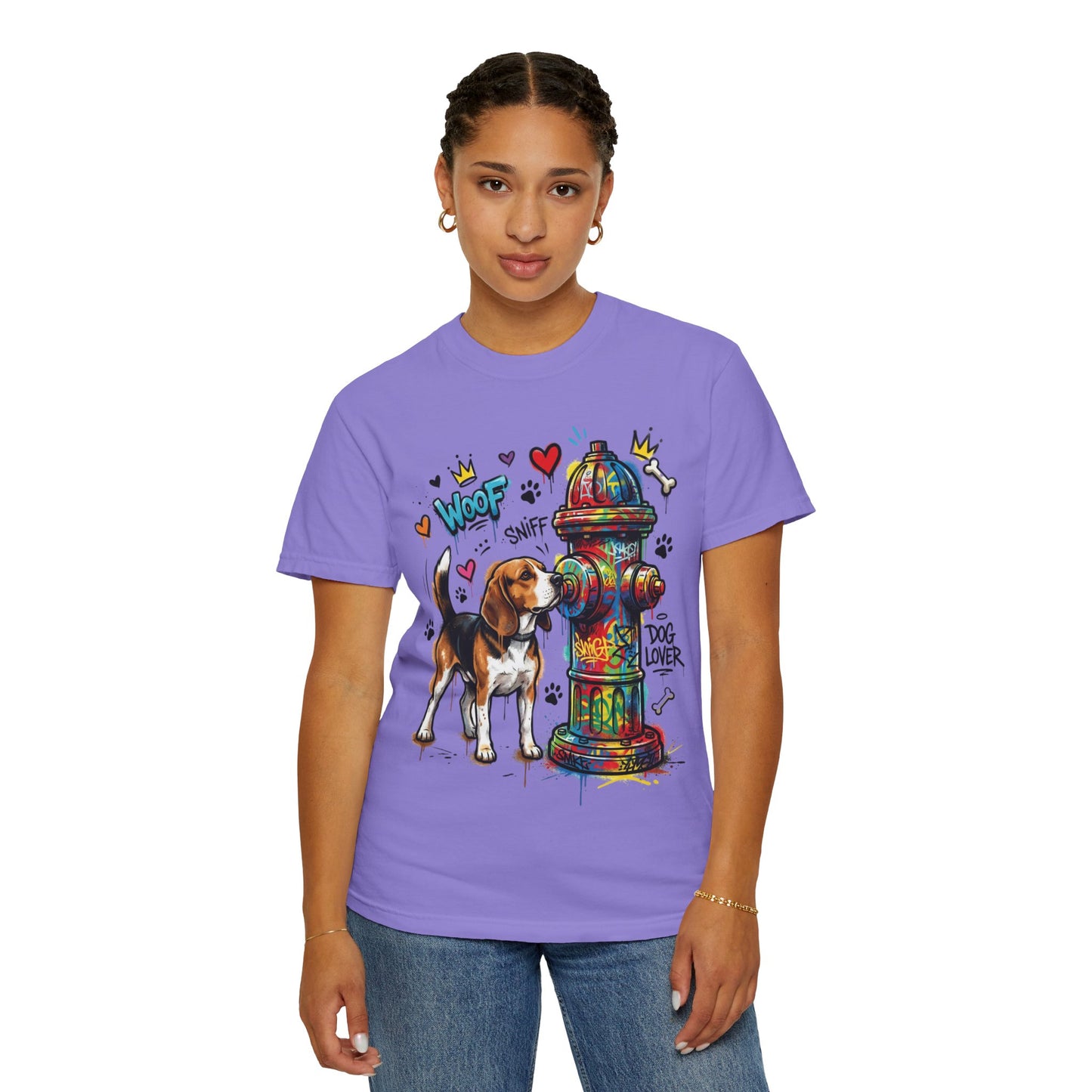 Beagle Dog Lover T-Shirt — Colorful Hydrant & 'Woof Sniff' Graphic