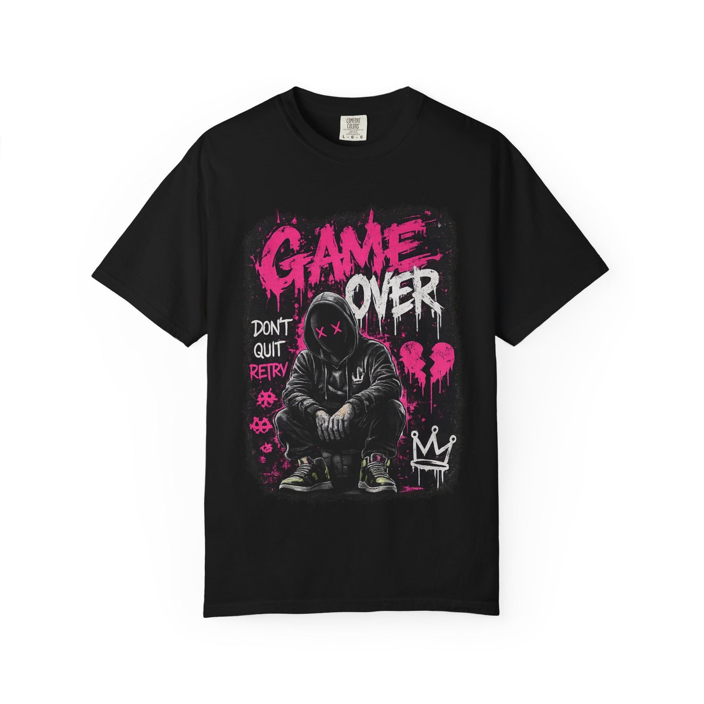 Game Over Graphic T-Shirt — Urban Streetwear Tee with Hooded Figure & 'Don't Quit, Retry' Design