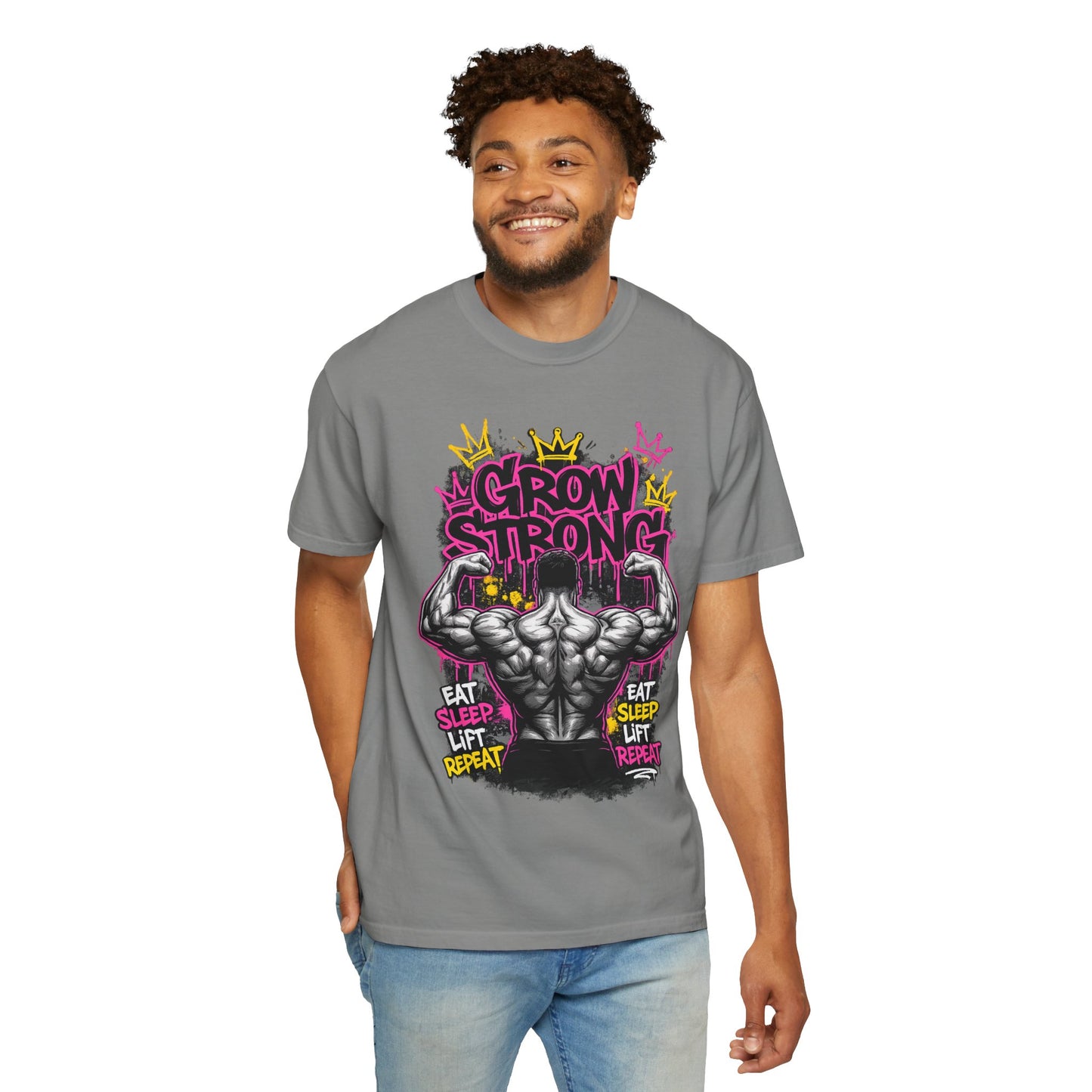 Grow Strong muscular back illustration T-shirt | Eat Sleep Lift Repeat gym tee