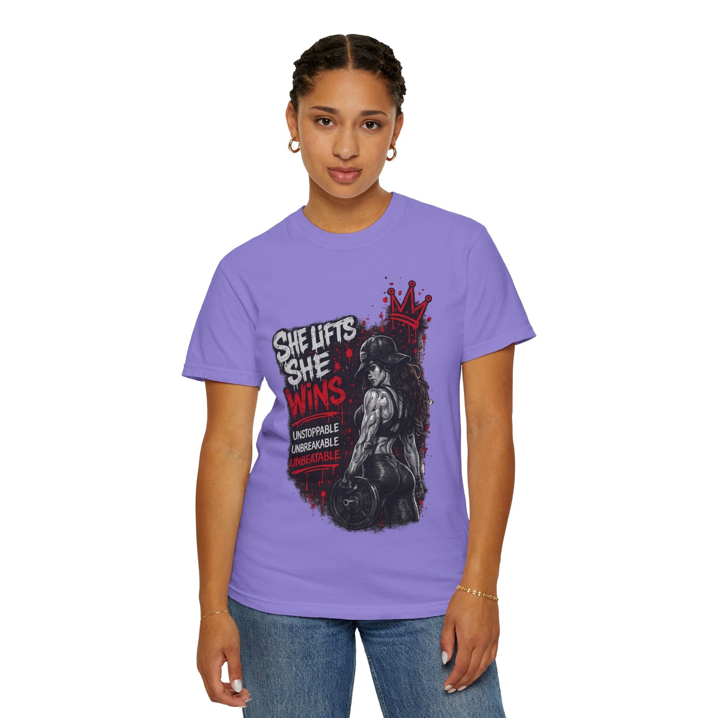 She Lifts She Wins T-Shirt — Women’s Strength Fitness Graphic Tee