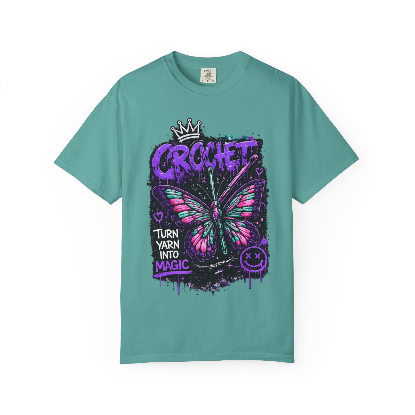 Crochet Butterfly T-Shirt — "Turn Yarn Into Magic" Graphic Tee