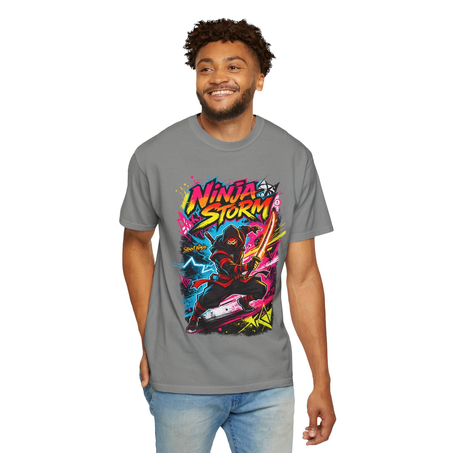 Ninja Storm Graphic T-Shirt — Neon Samurai Surf Design