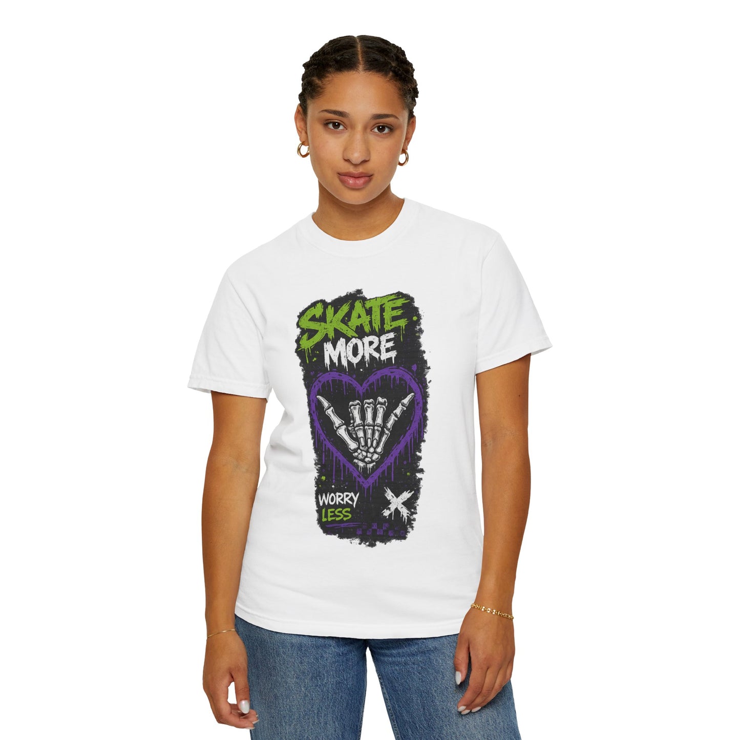 Skate More Worry Less T-Shirt — Skateboard Skeleton Hand Graphic Tee