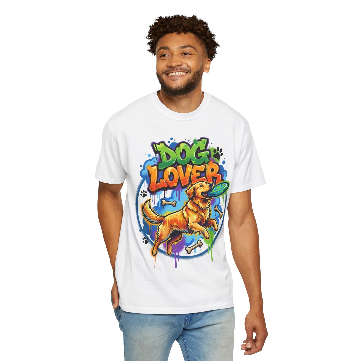 Dog Lover T-Shirt — Colorful Golden Retriever Frisbee Graphic Tee
