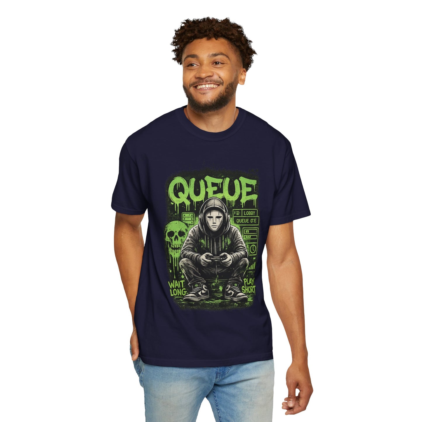 Queue Gamer Hoodie T-Shirt | Waiting Player Graphic Tee, Neon Green Skull Art