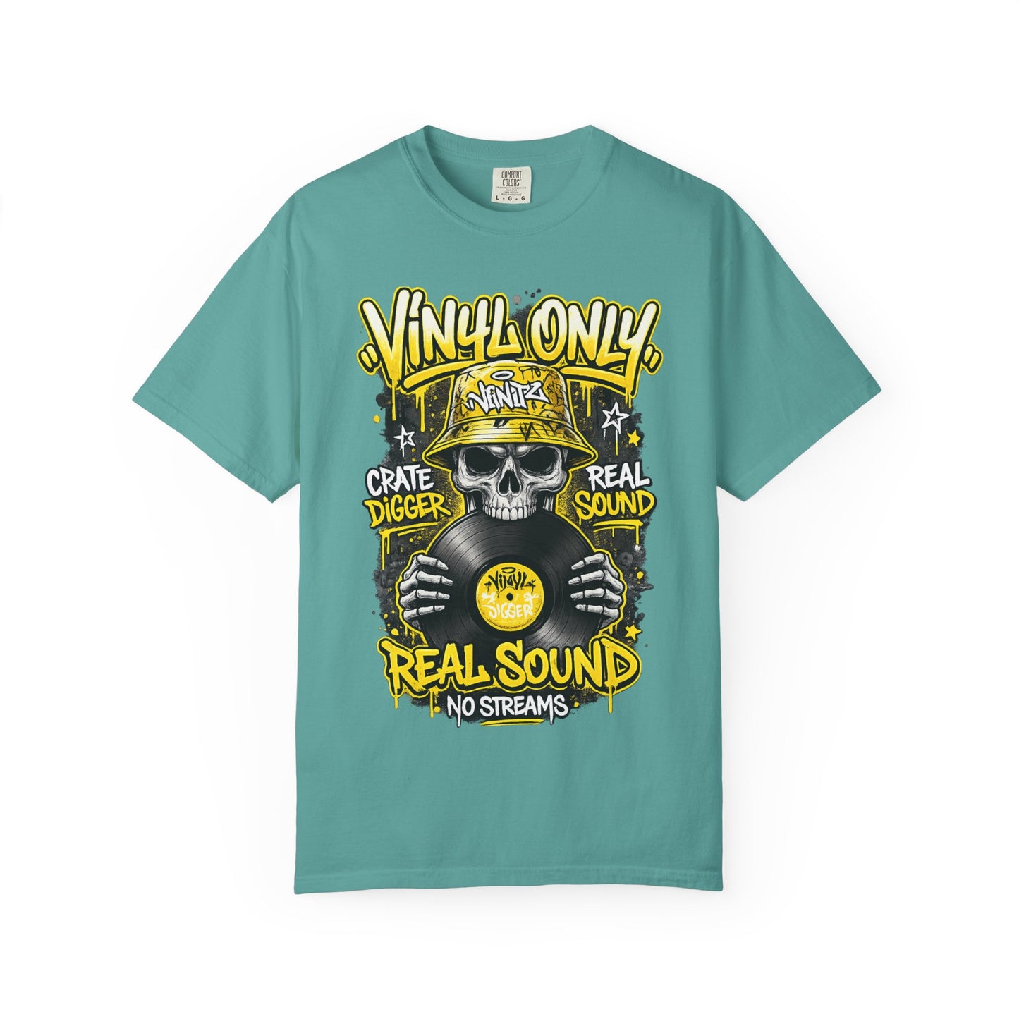 Vinyl Only Skull T-Shirt – "Real Sound, No Streams" Retro DJ Tee