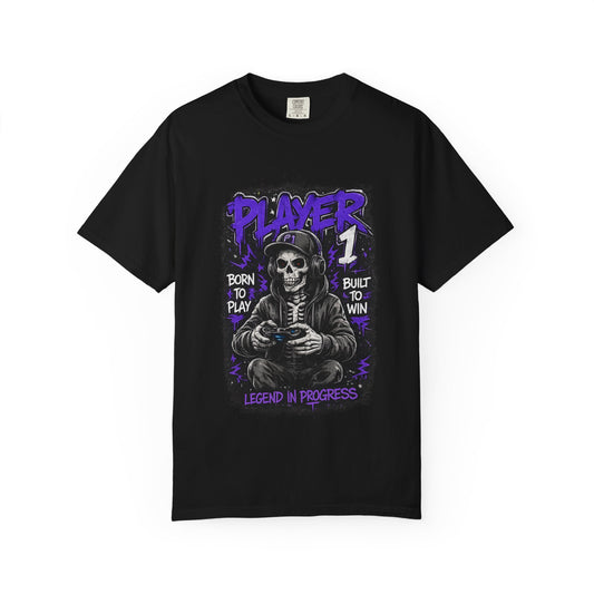 Grim Reaper Gamer Player 1 T-Shirt | Skull Skeleton Video Game Graphic
