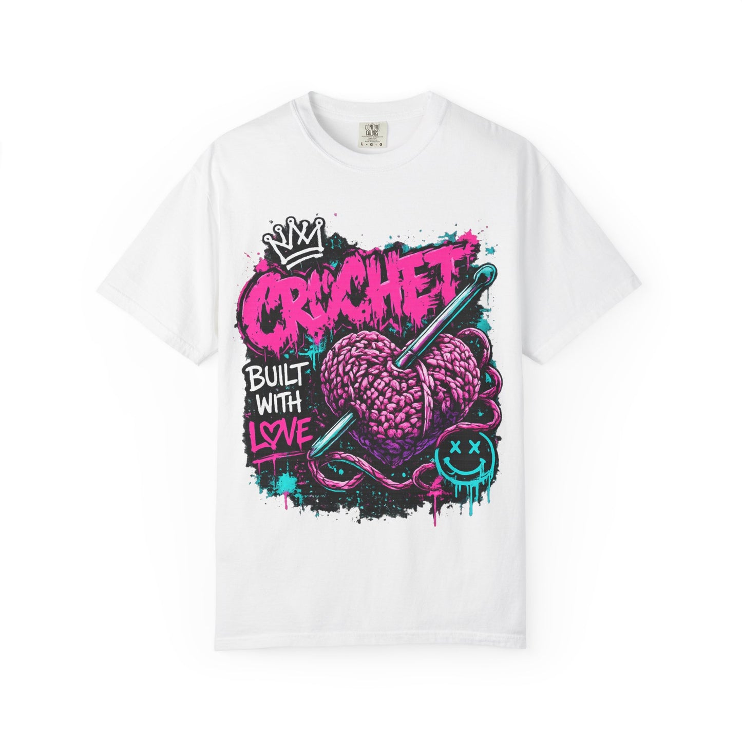 Crochet Built With Love T-Shirt — Retro Graffiti Heart Crochet Tee