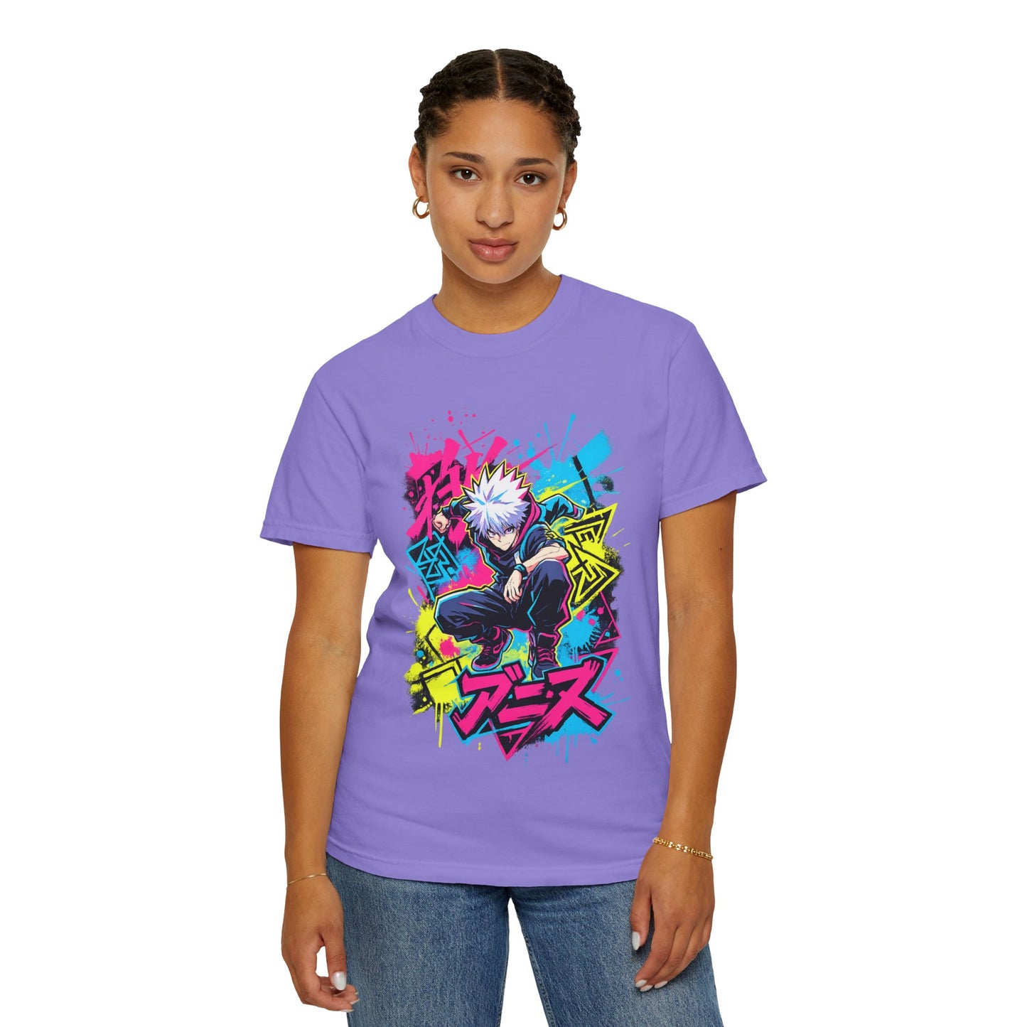 Anime Graphic T-Shirt — Vibrant Neon Jujutsu Kaisen Style Design