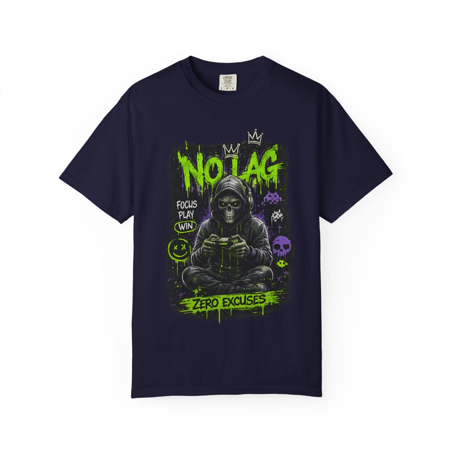 No Lag Gamer T-Shirt — “Zero Excuses” Neon Skull Gaming Tee