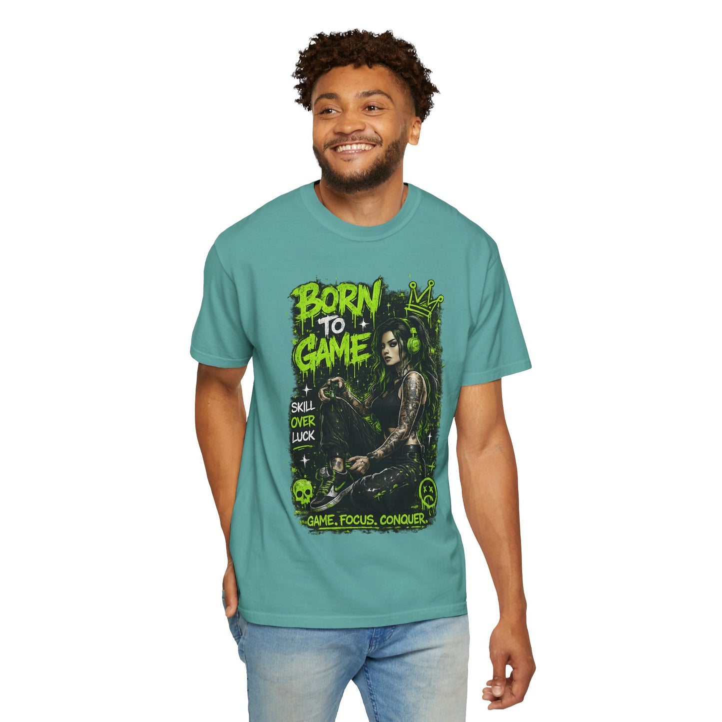 Born to Game Graphic T-Shirt — Gamer Skull & Neon Green Design