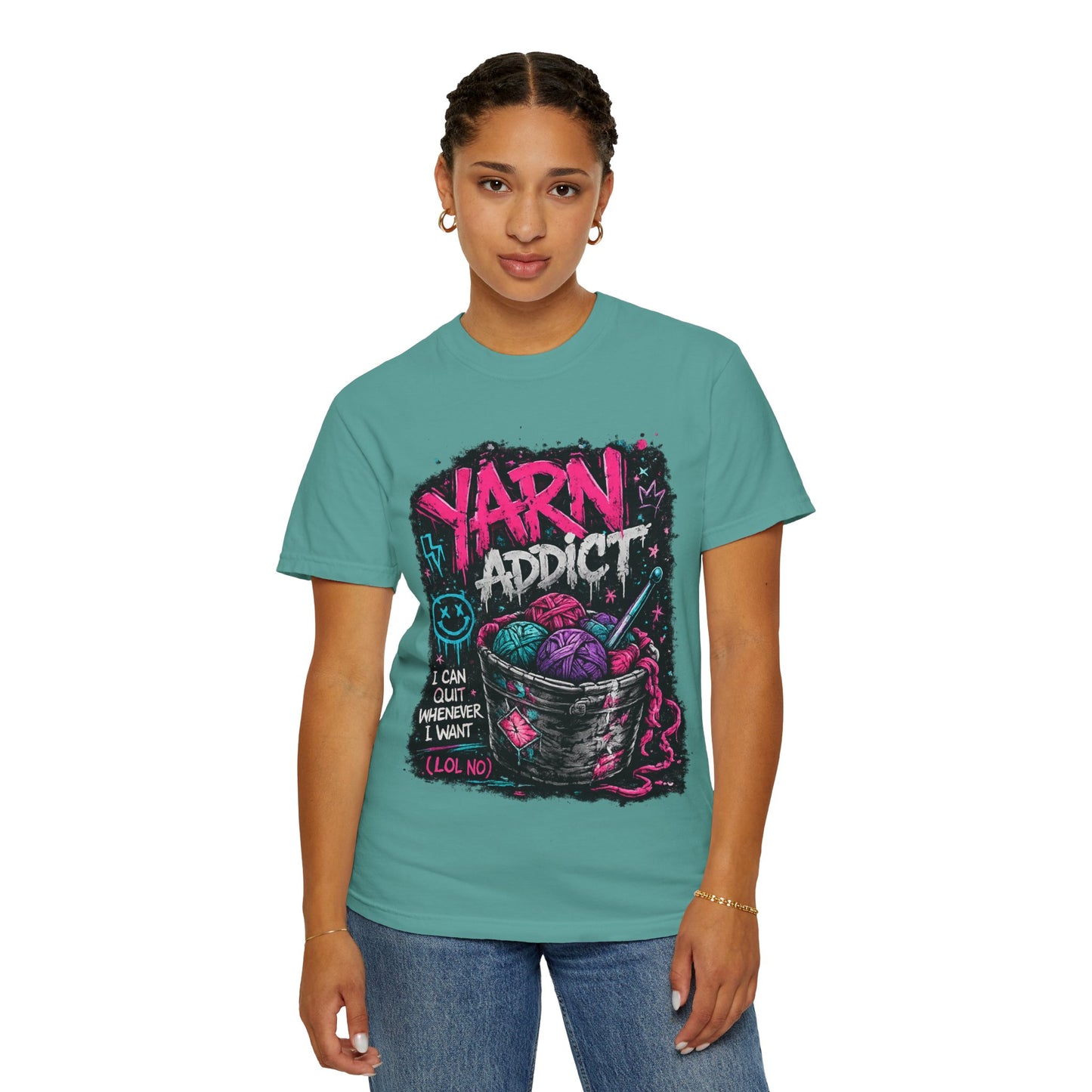 Yarn Addict T-Shirt — Funny Knitting/Crochet Graphic Tee ("I Can Quit Whenever I Want")