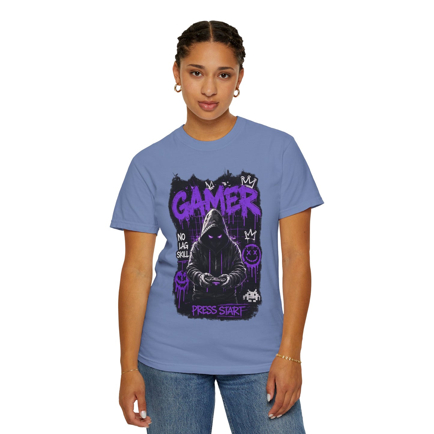 Gamer Hoodie Skull T‑Shirt — 'GAMER' Purple Graphic Press Start Tee