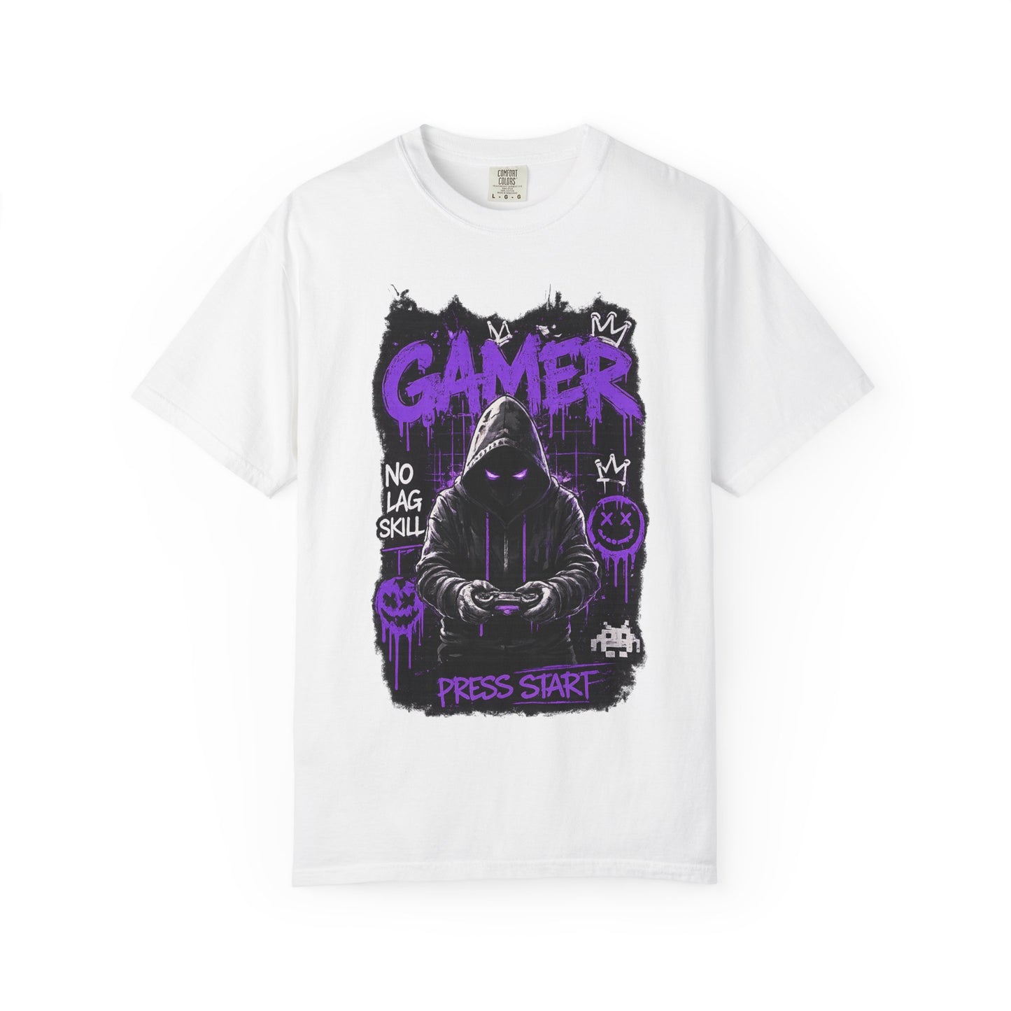 Gamer Hoodie Skull T‑Shirt — 'GAMER' Purple Graphic Press Start Tee
