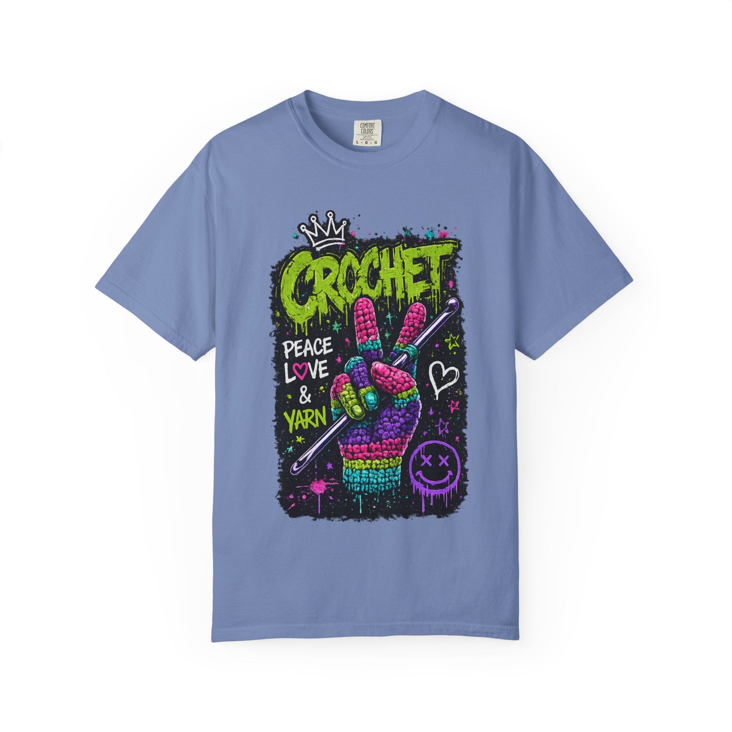 Crochet Peace Sign T-Shirt — "Crochet: Peace, Love & Yarn" Graphic Tee