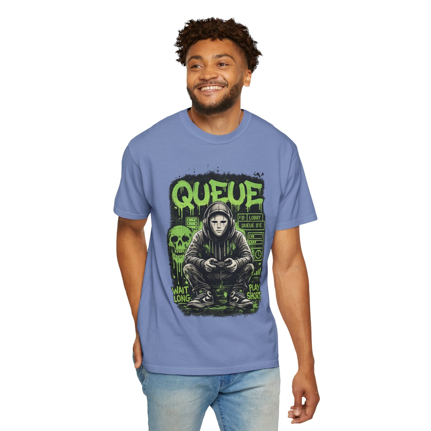 Queue Gamer Hoodie T-Shirt | Waiting Player Graphic Tee, Neon Green Skull Art
