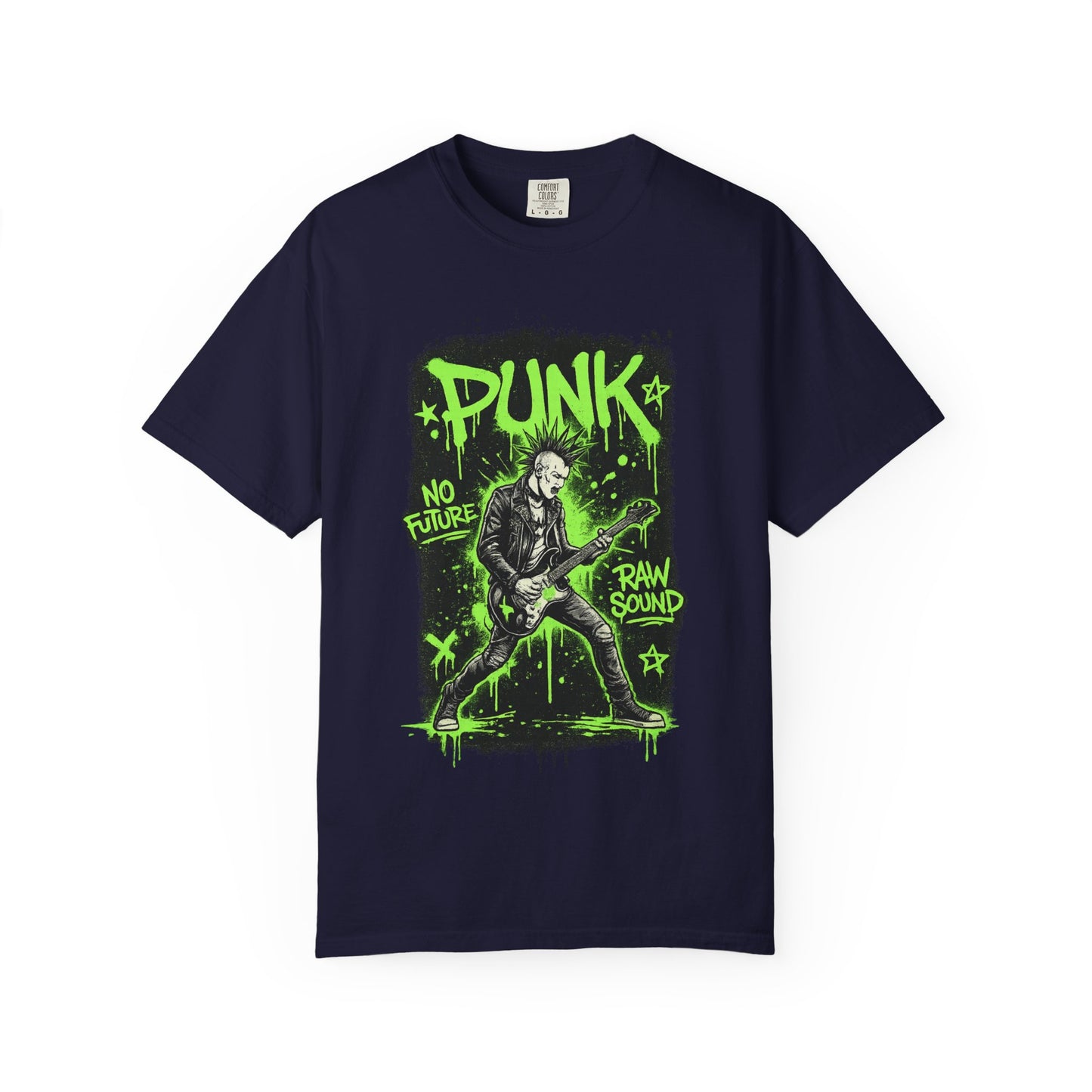 Punk Guitarist Graphic T-Shirt — “PUNK: No Future, Raw Sound” Neon Green Band Tee