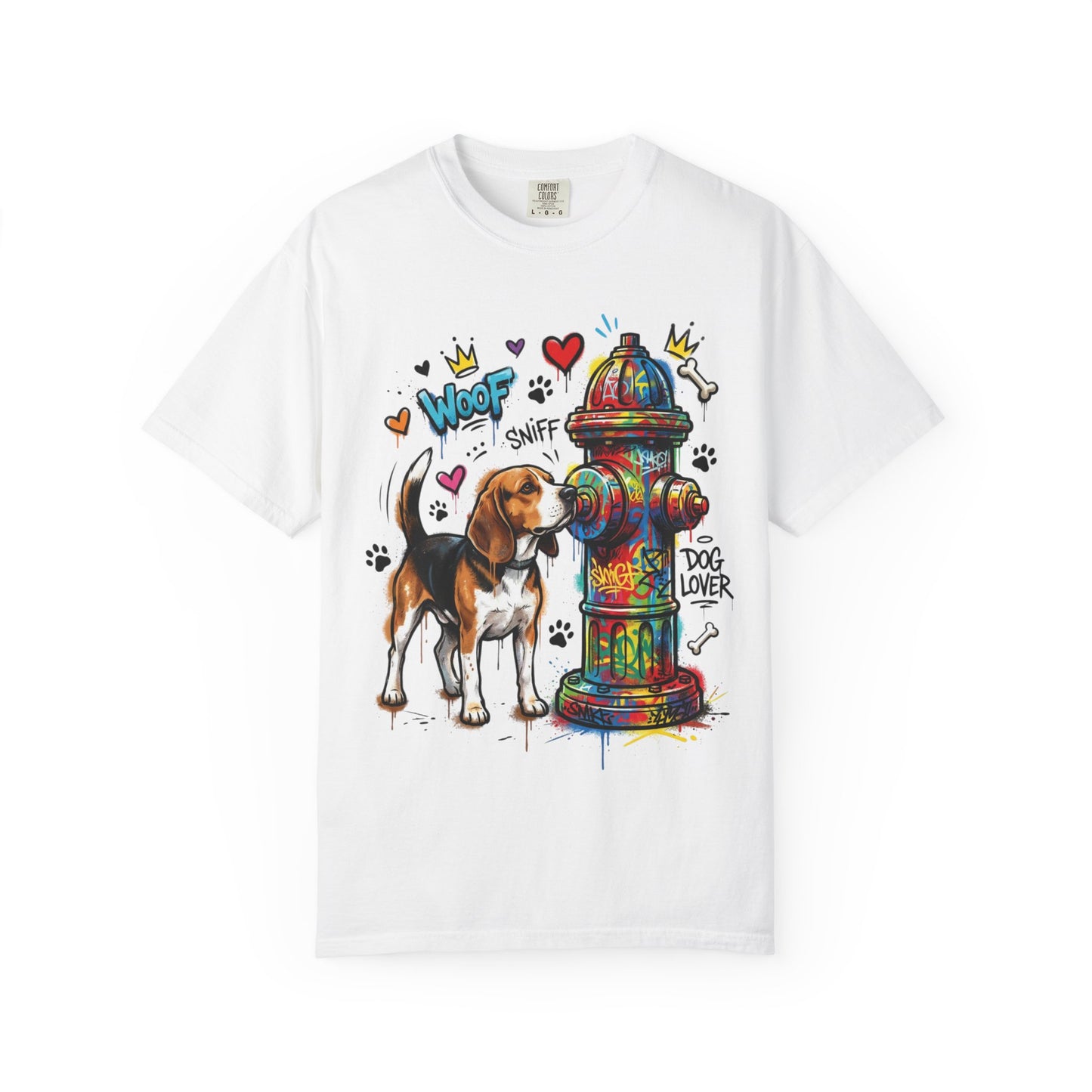 Beagle Dog Lover T-Shirt — Colorful Hydrant & 'Woof Sniff' Graphic
