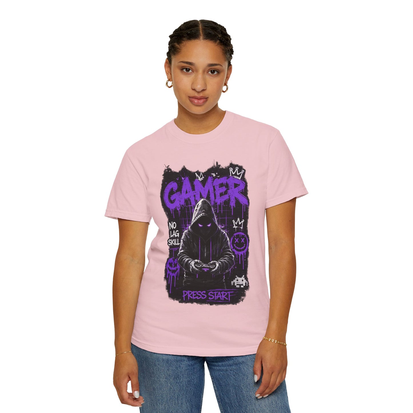 Gamer Hoodie Skull T‑Shirt — 'GAMER' Purple Graphic Press Start Tee