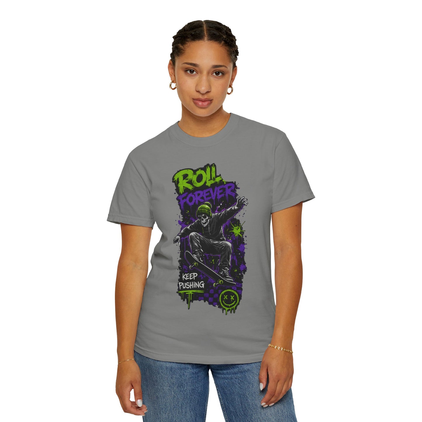 Skateboard T-Shirt — "Roll Forever / Keep Pushing" Graphic Tee