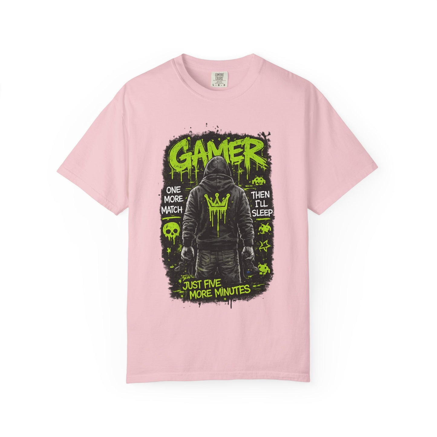 Gamer Hoodie-Style Graphic T-Shirt | Neon Green Skull, 'Just Five More Minutes'