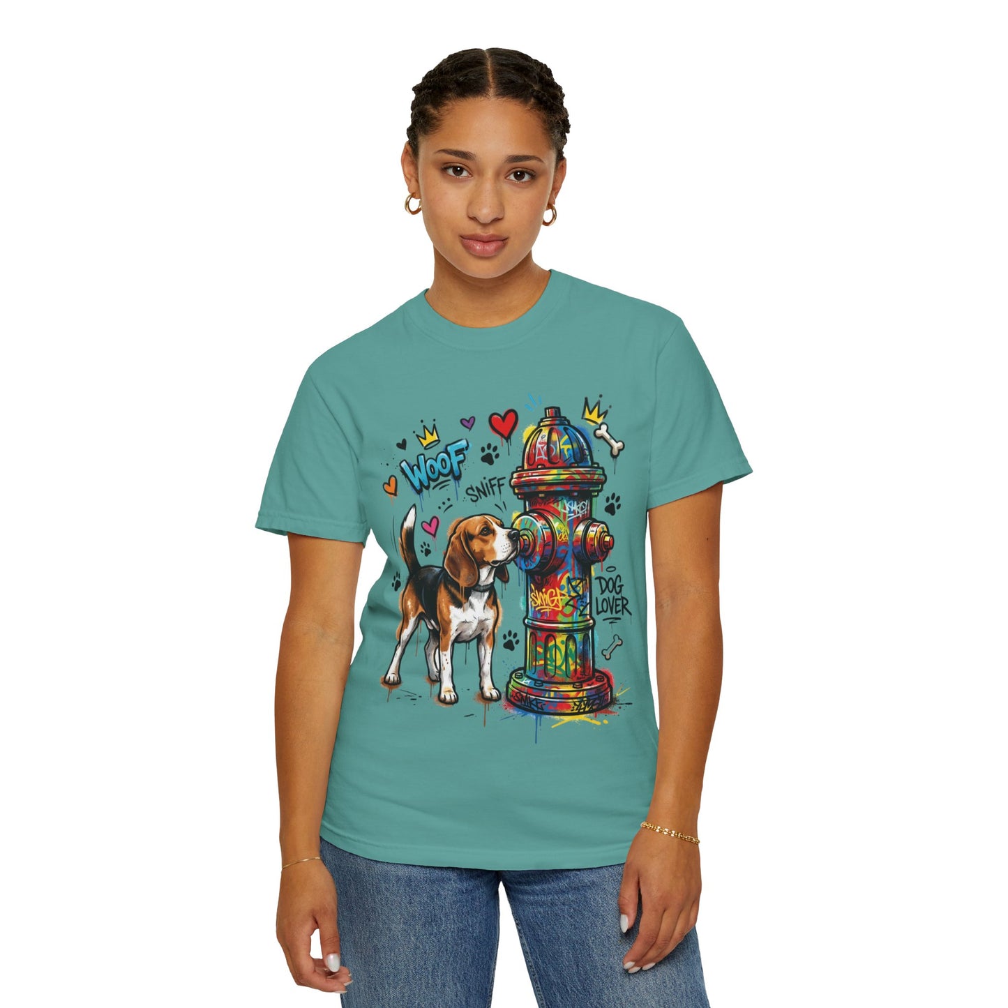 Beagle Dog Lover T-Shirt — Colorful Hydrant & 'Woof Sniff' Graphic
